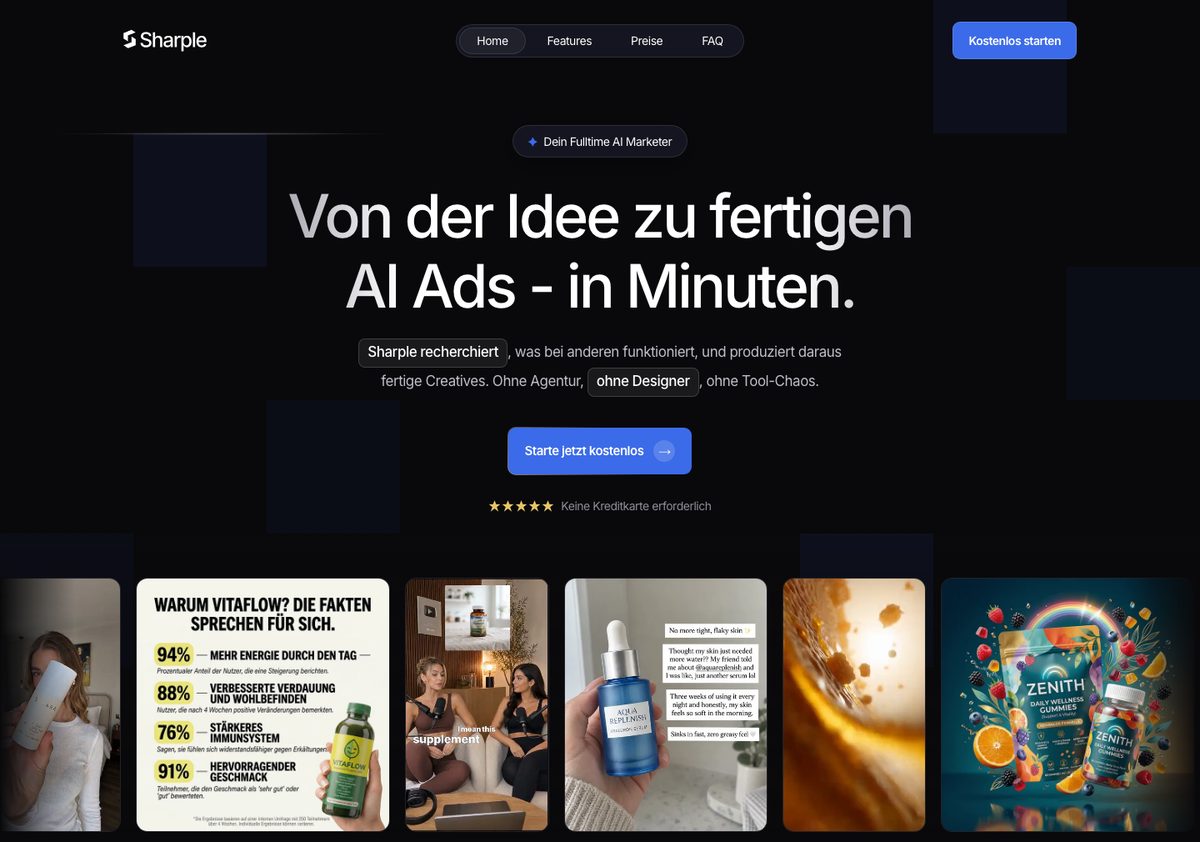 Startseite der KI-Software Sharple mit der Überschrift „Von der Idee zu fertigen AI Ads – in Minuten“ und Beispielen erstellter Werbeanzeigen